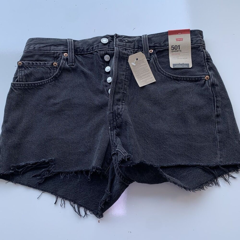 NWT Levis 501 High Rise Black Distressed Jeans Shorts Size 31